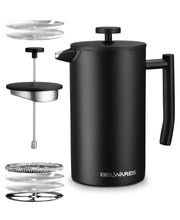 Load image into Gallery viewer, French Press Coffee Maker – 34oz Matte Black Double Wall Stainless Steel, 4-Level Filtration