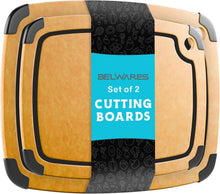 Load image into Gallery viewer, Dishwasher Safe Composite Cutting Board Set for Kitchen, Set of 2 Large Fiber Wood Cutting Boards with Juice Groove, Non-Slip Feet, Natural with Black Grooves