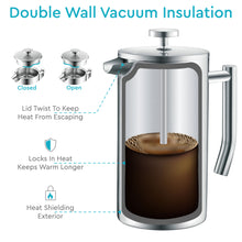 Load image into Gallery viewer, French Press Coffee Maker 50 oz - Insulated Stainless Steel Coffee Press, 304 Double Wall Large Coffee Maker with 4 Level Filtration, Silver French Press for Hot Coffee, Cold Brew, Tea