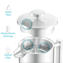 Load image into Gallery viewer, French Press Coffee Maker 50 oz - Insulated Stainless Steel Coffee Press, 304 Double Wall Large Coffee Maker with 4 Level Filtration, Silver French Press for Hot Coffee, Cold Brew, Tea