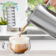 Load image into Gallery viewer, French Press Coffee Maker 50 oz - Insulated Stainless Steel Coffee Press, 304 Double Wall Large Coffee Maker with 4 Level Filtration, Silver French Press for Hot Coffee, Cold Brew, Tea