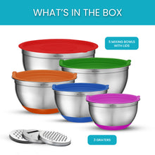 Load image into Gallery viewer, 5-Piece Mixing Bowl Set with Lids & Grater Attachments – Multicolor