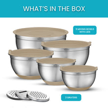 Load image into Gallery viewer, 5-Piece Mixing Bowl Set with Lids & Grater Attachments - Khaki