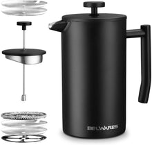 Load image into Gallery viewer, French Press Coffee Maker - Insulated Stainless Steel 304 Coffee Press with Double Wall & 4-Level Filtration System (Black)