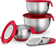 Load image into Gallery viewer, 3-Piece Red Mixing Bowls with Lids – Stainless Steel Nesting Set with Graters, Handles, Pour Spouts & Non-Slip Base