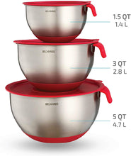 Load image into Gallery viewer, 3-Piece Red Mixing Bowls with Lids – Stainless Steel Nesting Set with Graters, Handles, Pour Spouts & Non-Slip Base