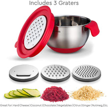Load image into Gallery viewer, 3-Piece Red Mixing Bowls with Lids – Stainless Steel Nesting Set with Graters, Handles, Pour Spouts & Non-Slip Base