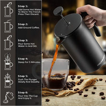 Load image into Gallery viewer, French Press Coffee Maker - Insulated Stainless Steel 304 Coffee Press with Double Wall & 4-Level Filtration System (Black)