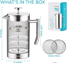Load image into Gallery viewer, French Press Coffee Maker - Double Wall Stainless Steel with 4-Level Filtration and 2 Extra Filters