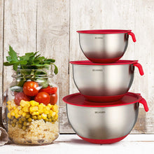 Load image into Gallery viewer, 3-Piece Red Mixing Bowls with Lids – Stainless Steel Nesting Set with Graters, Handles, Pour Spouts & Non-Slip Base