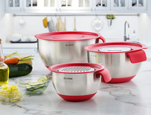 Load image into Gallery viewer, 3-Piece Red Mixing Bowls with Lids – Stainless Steel Nesting Set with Graters, Handles, Pour Spouts & Non-Slip Base