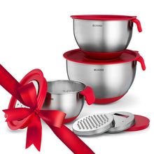 Load image into Gallery viewer, 3-Piece Red Mixing Bowls with Lids – Stainless Steel Nesting Set with Graters, Handles, Pour Spouts & Non-Slip Base
