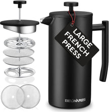 Load image into Gallery viewer, French Press Coffee Maker - Insulated Stainless Steel 304 Coffee Press with Double Wall &amp; 4-Level Filtration System (Black)
