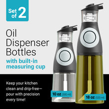 Load image into Gallery viewer, Oil &amp; Vinegar Dispenser Set with Built-In Measuring Cup - Green Glass
