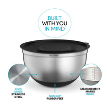 Load image into Gallery viewer, 3-Piece Mixing Bowl Set with Lids &amp; Grater Attachments - Back/Silver
