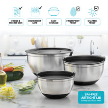 Load image into Gallery viewer, 3-Piece Mixing Bowl Set with Lids &amp; Grater Attachments - Back/Silver
