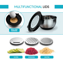 Load image into Gallery viewer, 3-Piece Mixing Bowl Set with Lids &amp; Grater Attachments - Back/Silver

