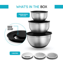Load image into Gallery viewer, 3-Piece Mixing Bowl Set with Lids &amp; Grater Attachments - Back/Silver
