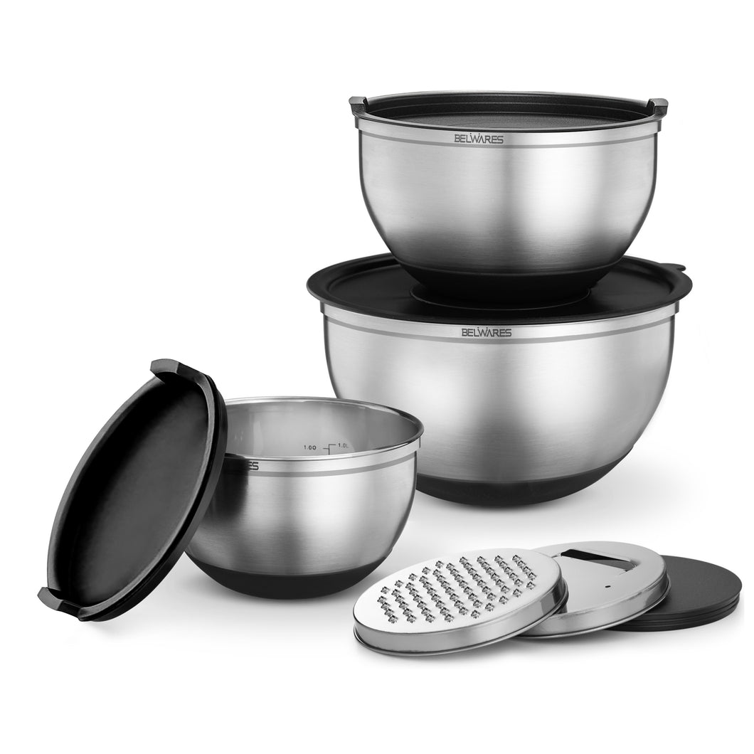 3-Piece Mixing Bowl Set with Lids & Grater Attachments - Back/Silver