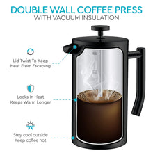 Load image into Gallery viewer, French Press Coffee Maker – 34oz Matte Black Double Wall Stainless Steel, 4-Level Filtration
