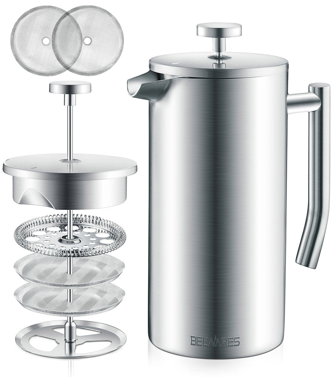 French Press Coffee Maker - Double Wall Stainless Steel with 4-Level Filtration and 2 Extra Filters