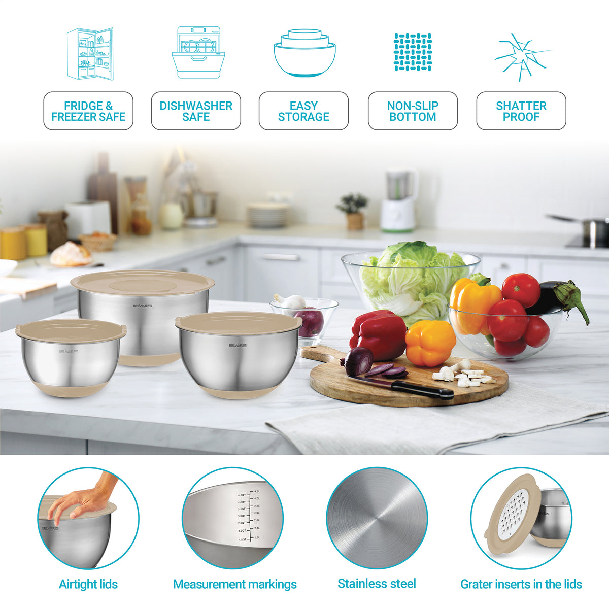 5-Piece Stainless Steel Mixing Bowl Set – Khaki