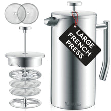 Load image into Gallery viewer, French Press Coffee Maker 50 oz - Insulated Stainless Steel Coffee Press, 304 Double Wall Large Coffee Maker with 4 Level Filtration, Silver French Press for Hot Coffee, Cold Brew, Tea
