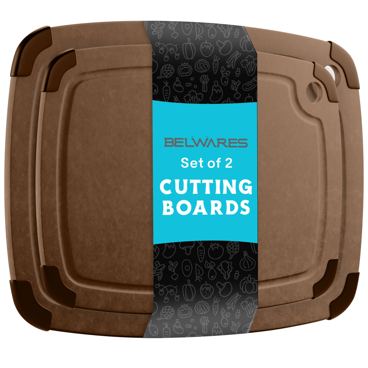 Belwares Nutmeg composite cutting board set with juice grooves, two boards