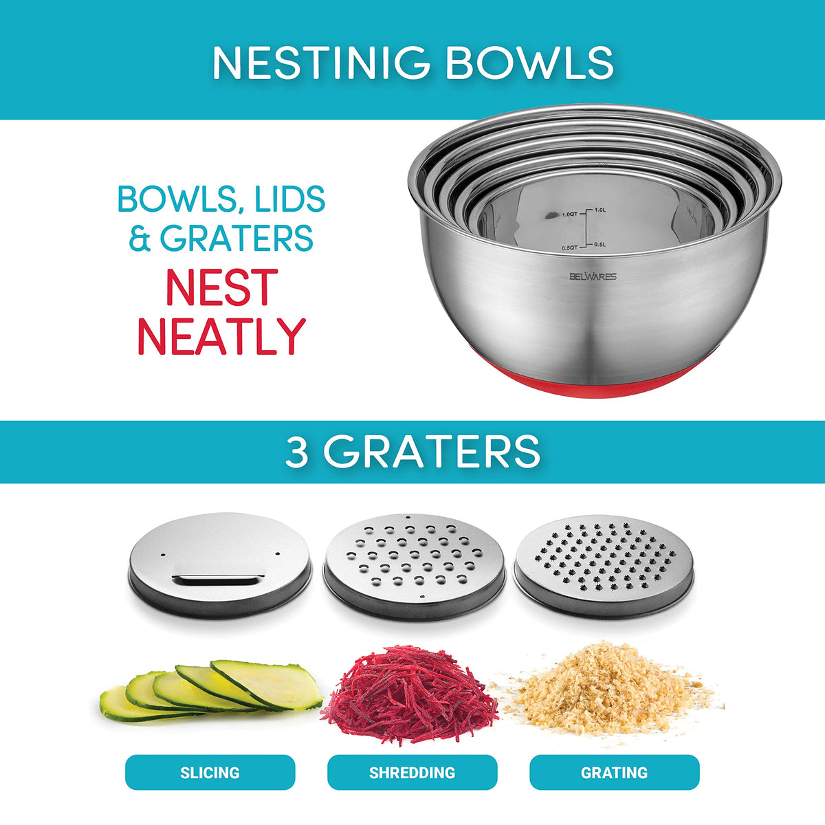 Belwares 5-Piece Mixing Bowls with Lids – Red – product detail