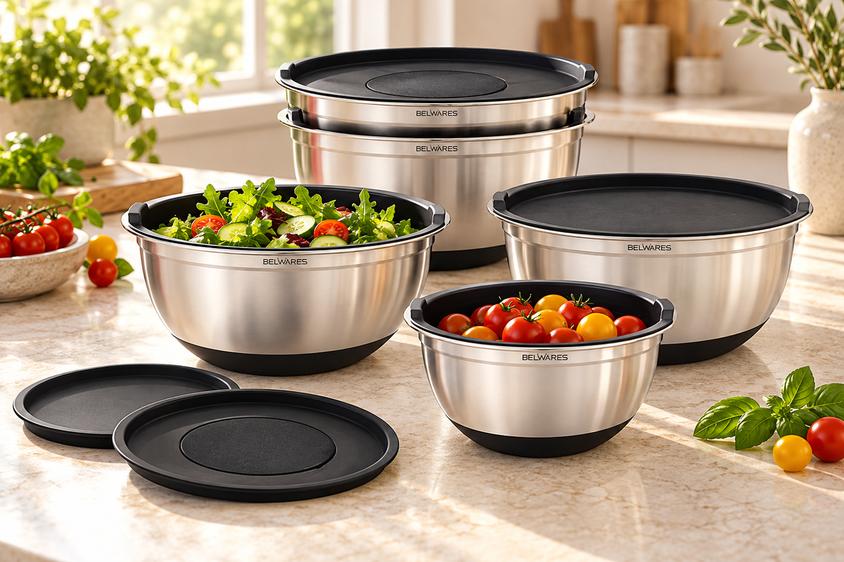 Belwares stainless steel mixing bowls with black bases arranged for salad preparation
