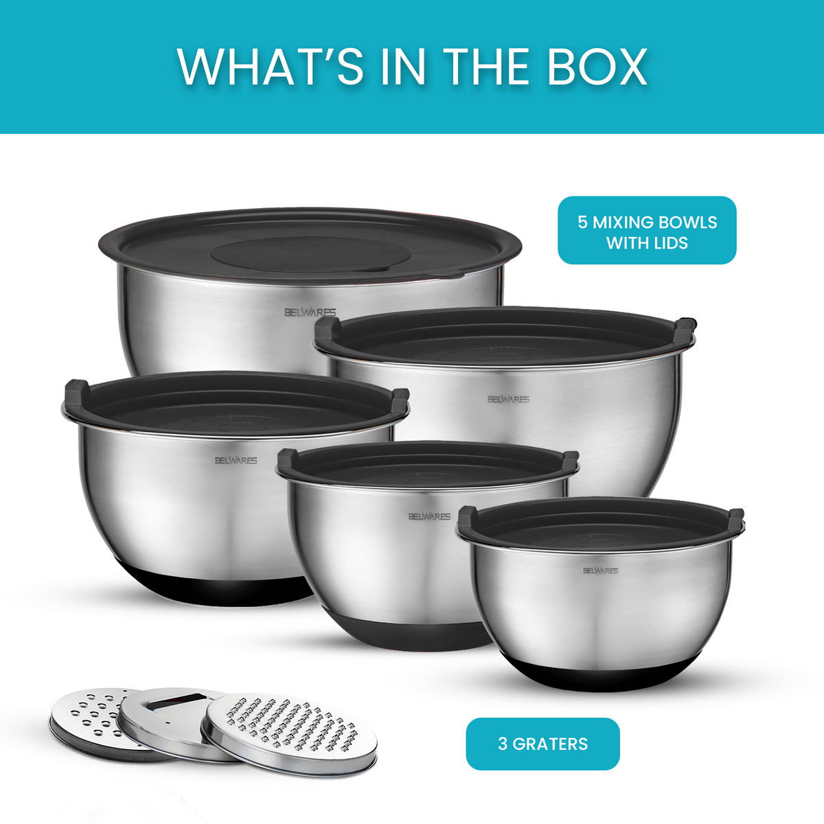 5-Piece Stainless Steel Mixing Bowl Set – Black