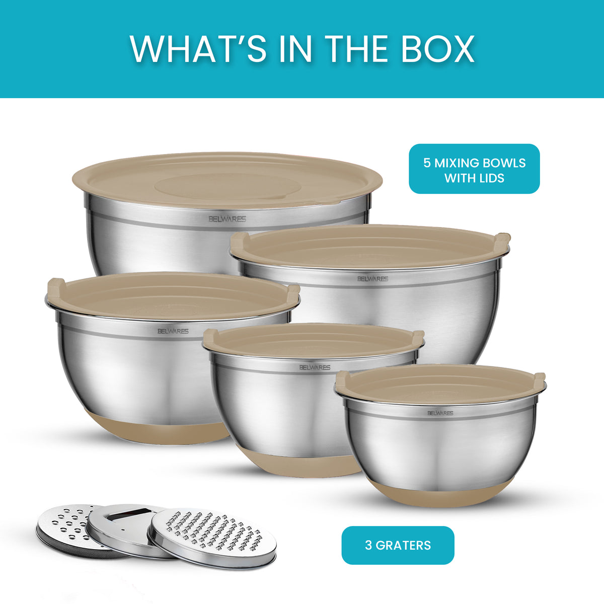 5-Piece Stainless Steel Mixing Bowl Set – Khaki
