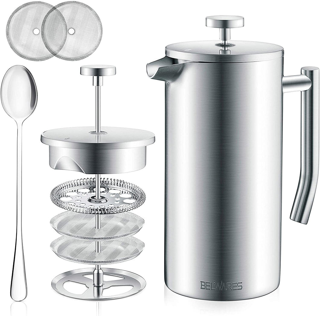 French Press Coffee Maker - Double Wall Stainless Steel with 4-Level Filtration and 2 Extra Filters