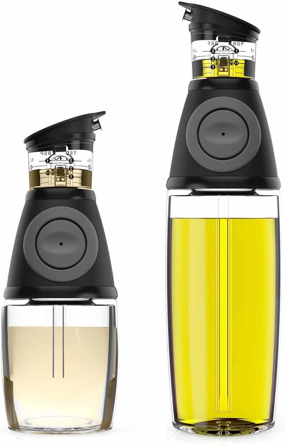 Oil and Vinegar Dispenser Set – 2 Glass Bottles with Drip-Free Spouts, Measuring Pump & Pour Control – 500ml and 250ml Non-Leaking Olive Oil Dispenser for Kitchen