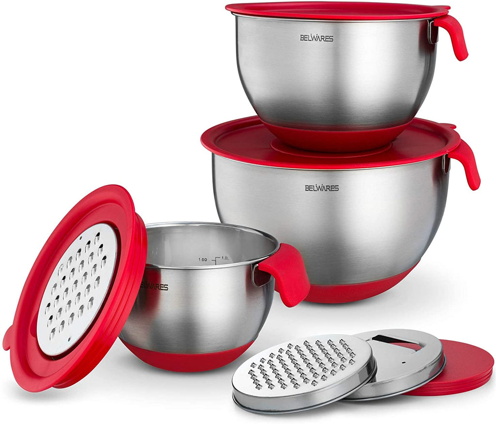 Belwares 3-Piece Stainless Steel Mixing Bowl Set – Red