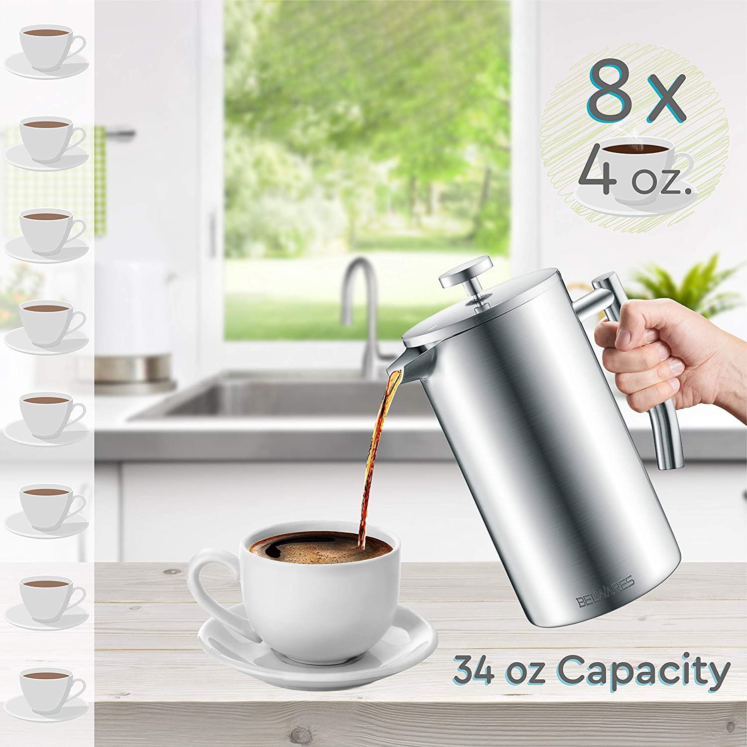 French Press with Extra Filters for a Richer and Fuller Coffee Flavor Designed with Double Wall Black Stainless Steel to Preserve Hot Coffee Temperature Belwares Decorate Your Home with Joy