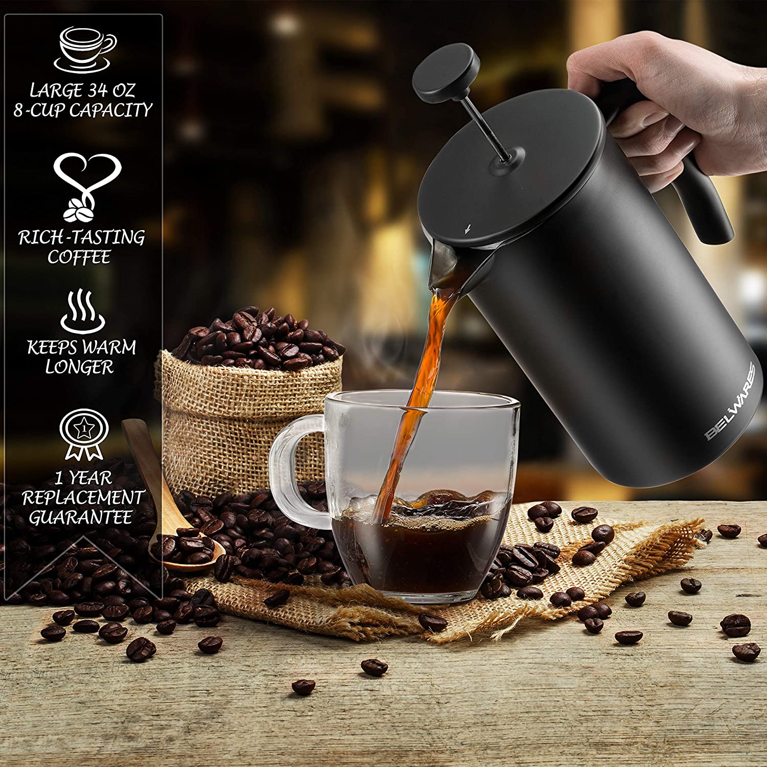 French Press with Extra Filters for a Richer and Fuller Coffee Flavor Designed with Double Wall Black Stainless Steel to Preserve Hot Coffee Temperature Belwares Decorate Your Home with Joy