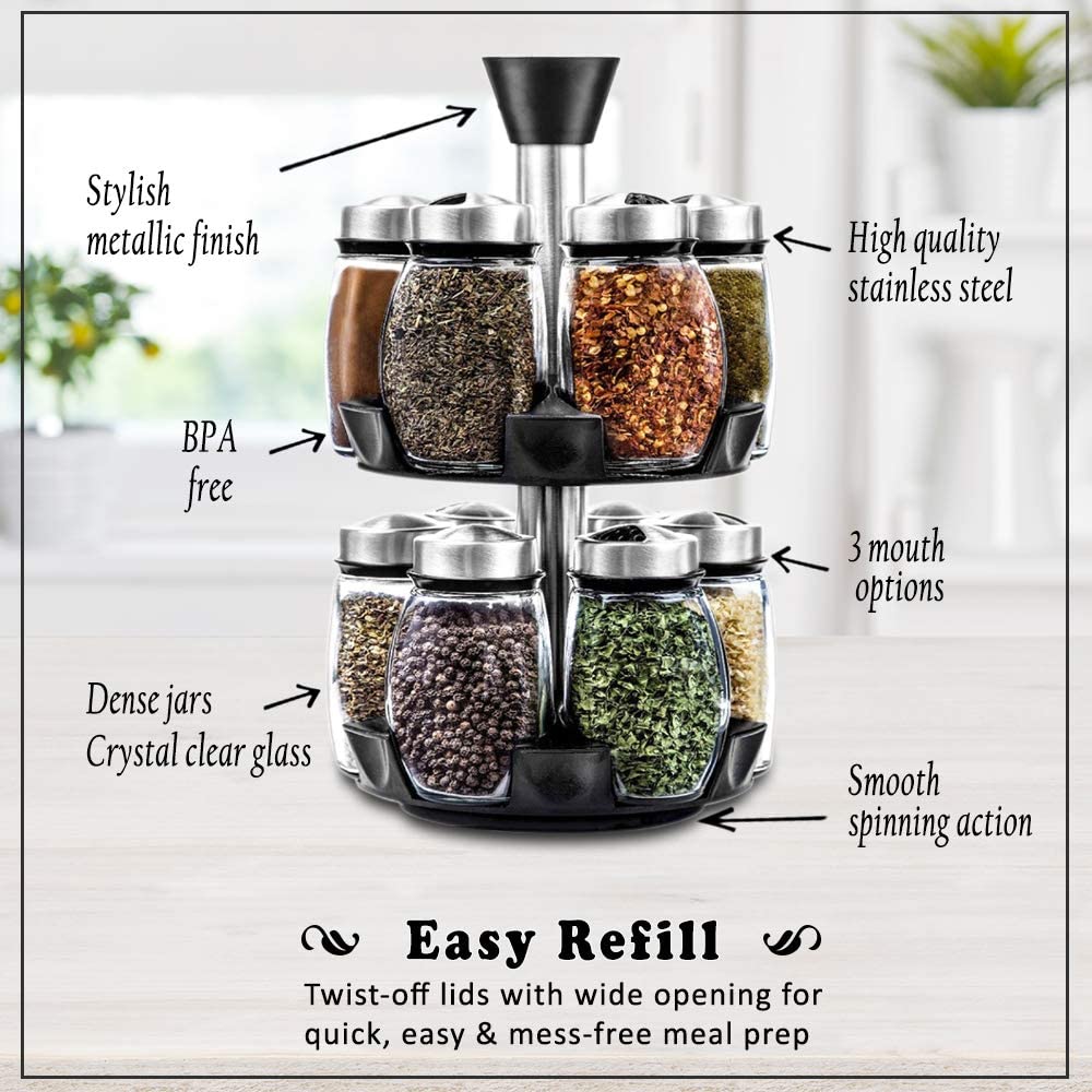 Spice Jar Rack 12 Durable Glass Jars in Sleek Attractive Carousel Belwares Decorate Your Home with Joy