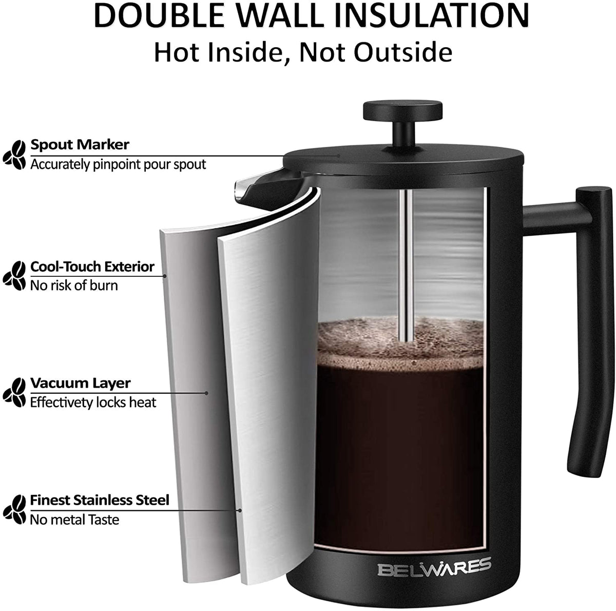 50 oz Stainless Steel French Press – Matte Black