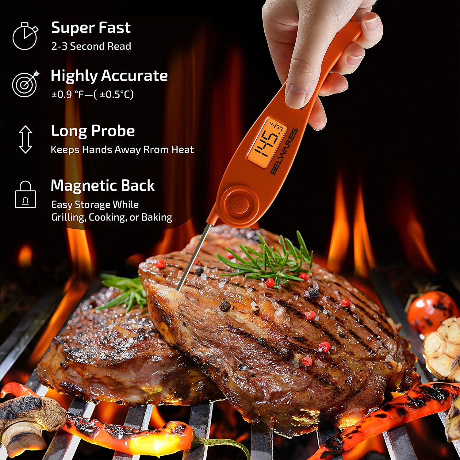 Digital Meat Thermometer for BBQ Grill Smoker Baking and Cooking, Instant  Read Temperature Thermometer with Foldable Stainless Steel Probe Reads Temp  within 4-7 Seconds - Belwares