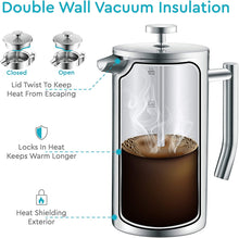 Load image into Gallery viewer, Belwares French Press Coffee Maker - Double Wall 304 Stainless Steel - 4 Level Filtration System with 2 Extra Filters, 34oz (1L)
