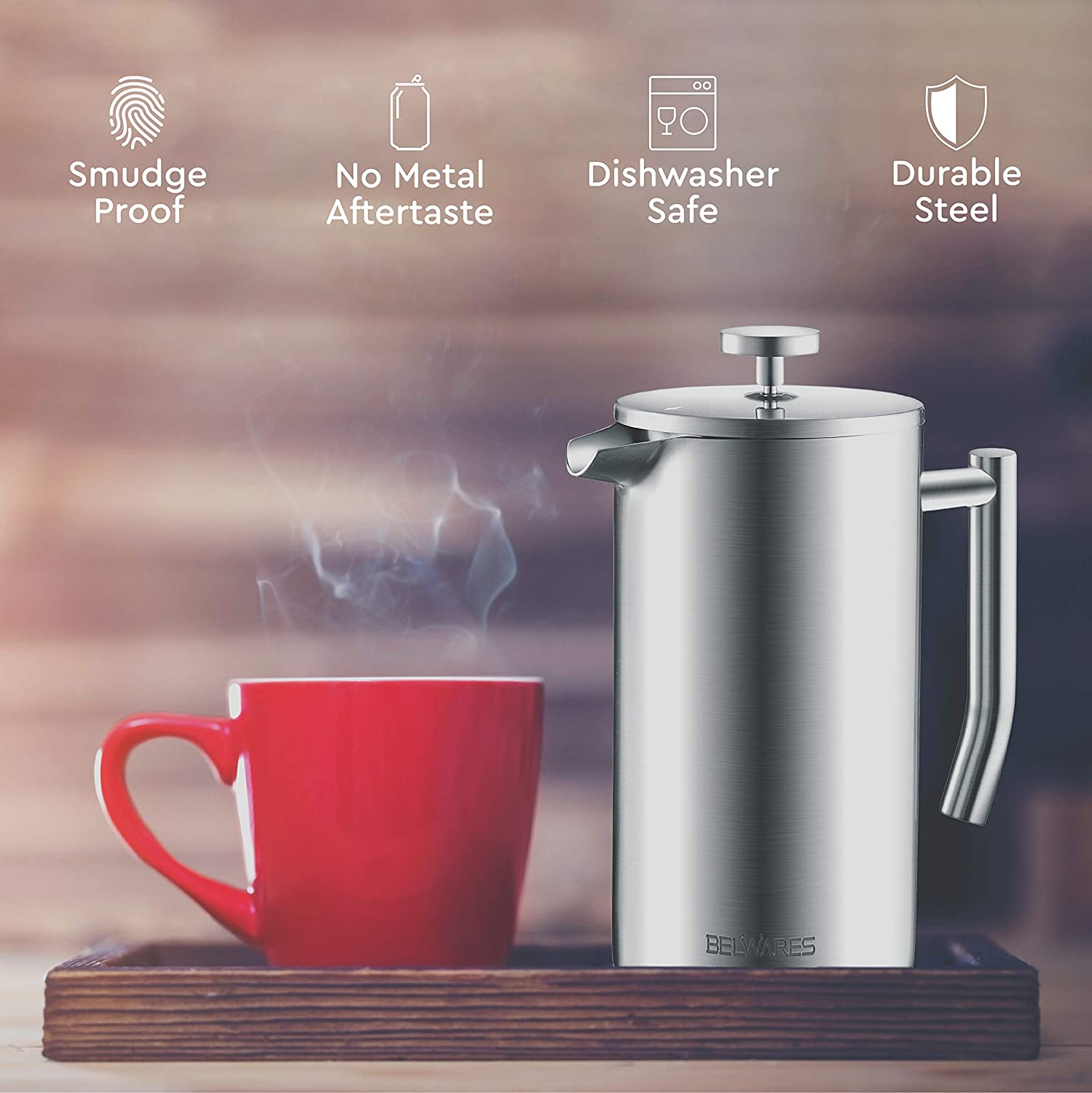 French Press with Extra Filters for a Richer and Fuller Coffee Flavor Designed with Double Wall Black Stainless Steel to Preserve Hot Coffee Temperature Belwares Decorate Your Home with Joy