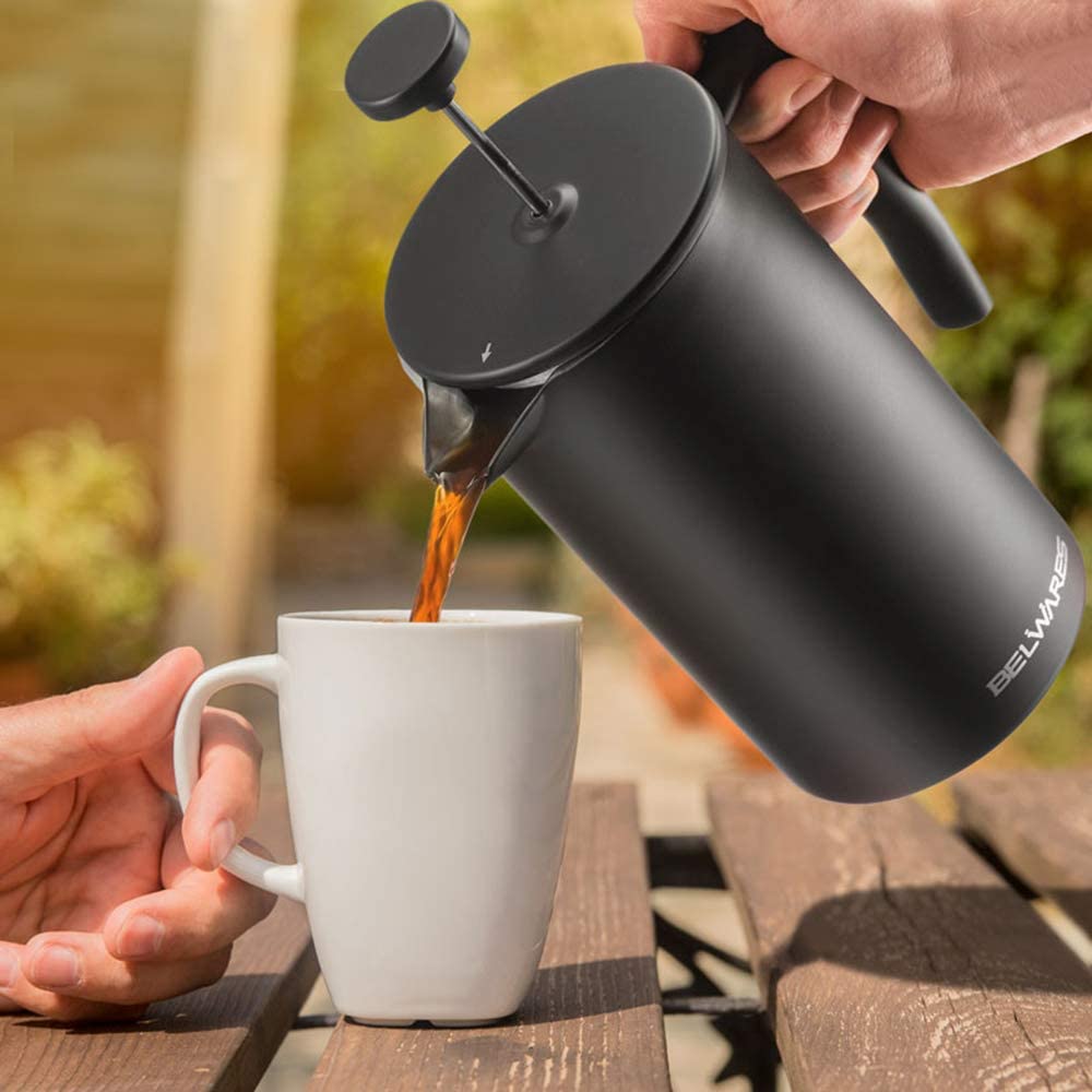 French Press with Extra Filters for a Richer and Fuller Coffee Flavor Designed with Double Wall Black Stainless Steel to Preserve Hot Coffee Temperature Belwares Decorate Your Home with Joy