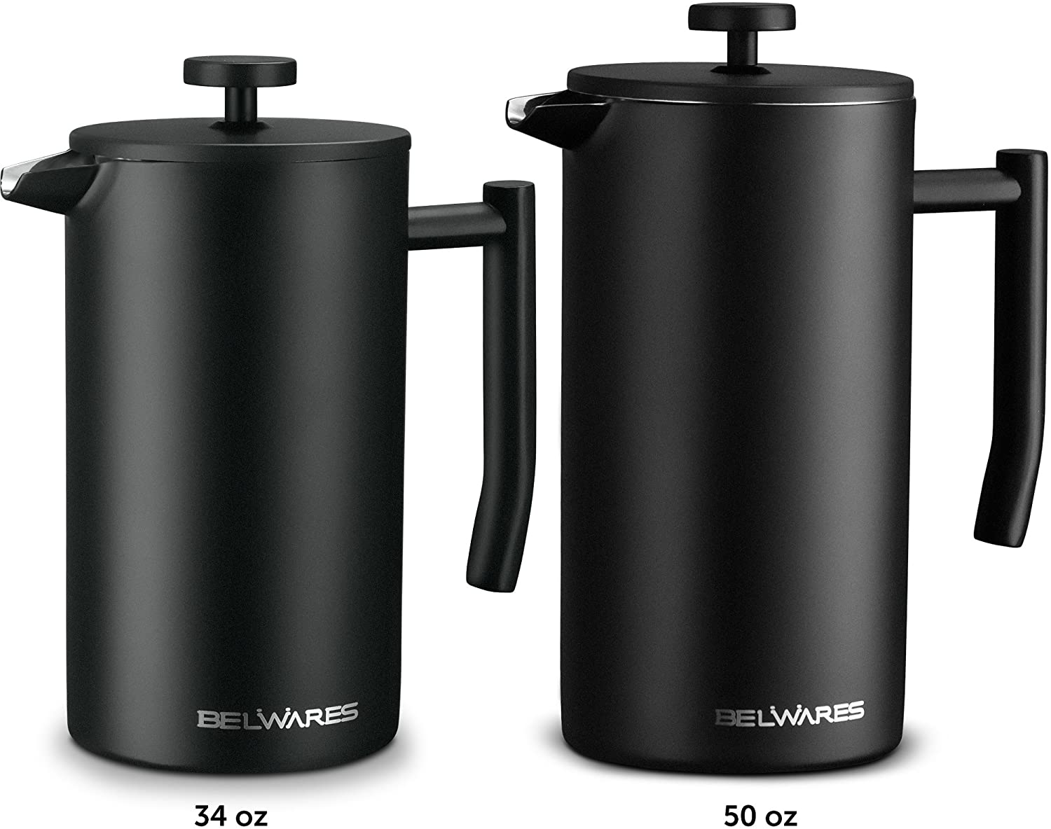 Belwares French Press Coffee Maker, Double Wall Stainless Steel with Extra Filters, 50 oz Black
