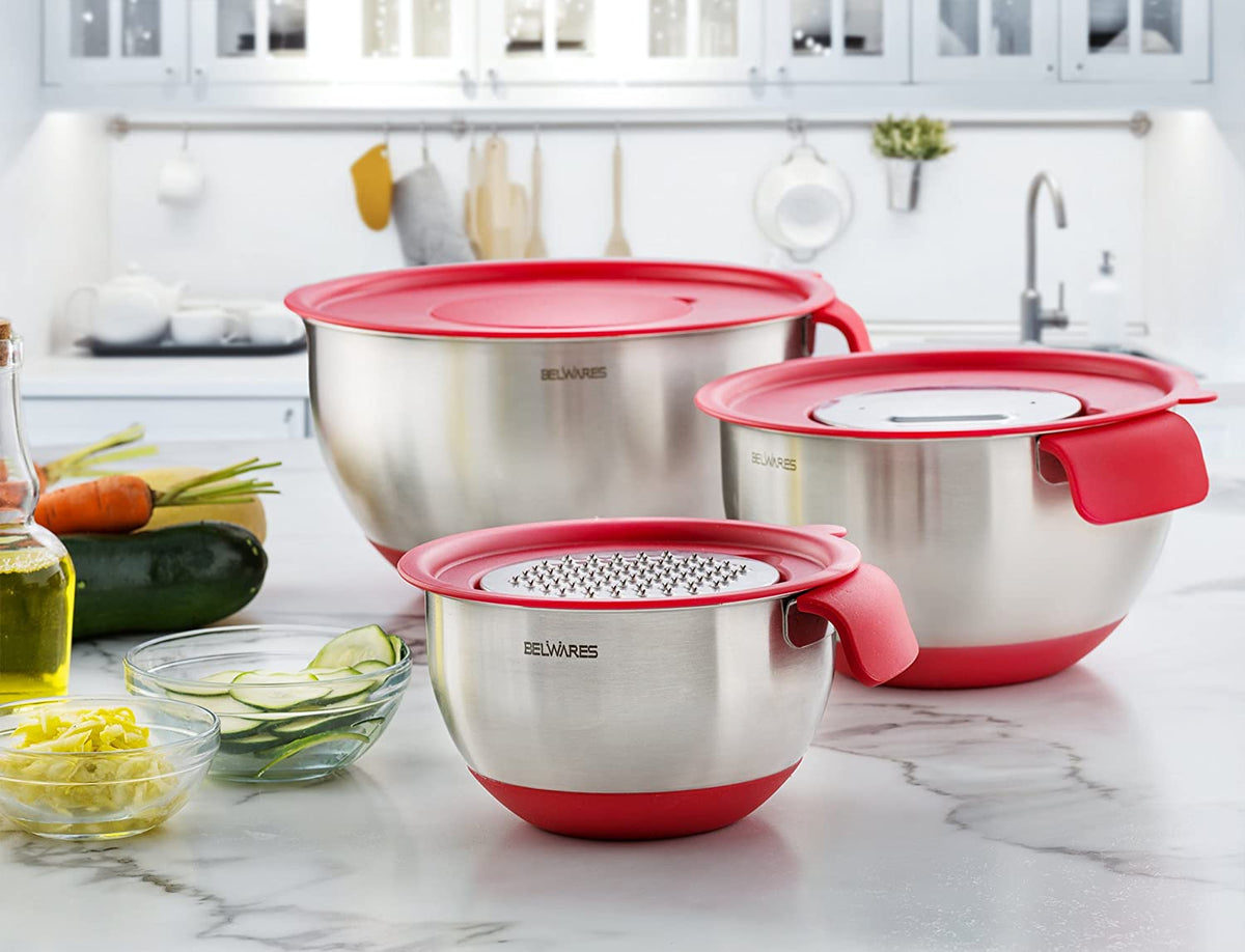 Stainless Steel Mixing Bowls with Grater - Set of 3 (Red)