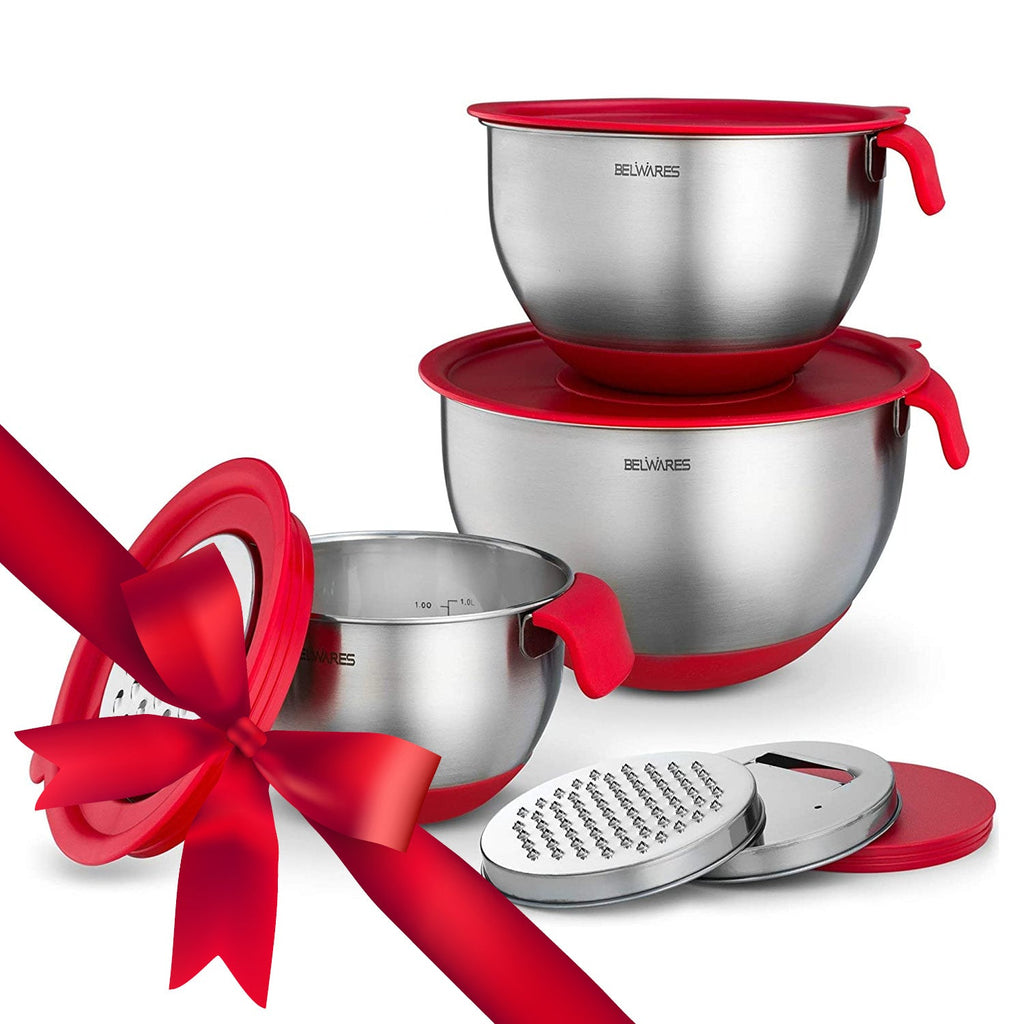 Stainless Steel Mixing Bowls with Grater - Set of 3 (Red)